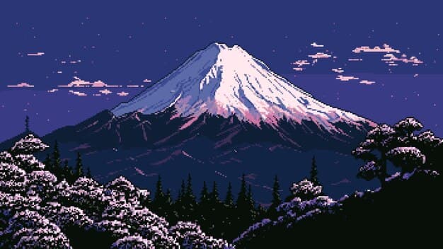 Pixelated view of Mt. Fuji with cherry blossoms